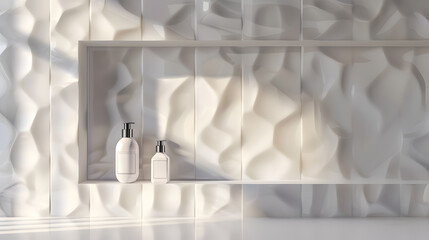 Luxury Bathroom Products: Mock-up of shampoo and soap bottles in a recessed wall shelf 