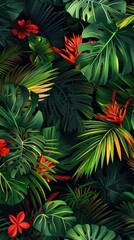 A rich display of greenery showcasing assorted leaves and bright red flowers in a tropical setting