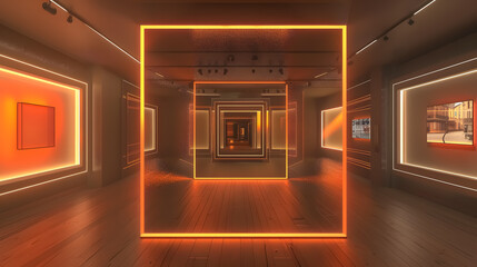 Modern Exhibit Lighting: Modern exhibit featuring quadruple framing illuminated by subtle 