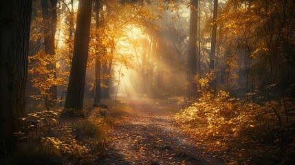 Obraz premium Sunbeams Illuminating a Path Through an Autumnal Forest