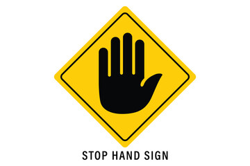 Yellow stop hand sign, hand holding a sign, Stop security triangle sign isolated on white background