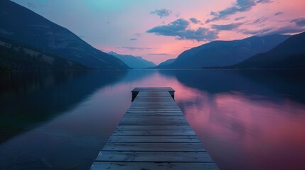 Obraz premium Wooden Dock Extending into Calm Lake at Sunset with Mountain Silhouette