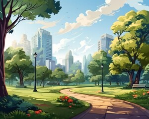 Fototapeta premium Modern urban park flat design, front view, city greenery, cartoon drawing, Complementary Color Scheme