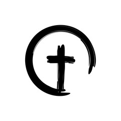 Black cross icon. Brushstroke circle. Religious symbol. Vector illustration.