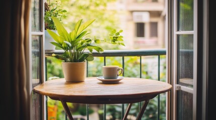 Fototapeta premium A cup of coffee on a wooden table with a plant, seen from a window.