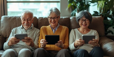 Cheerful Elderly Person Comfortably Using Multiple Smart Devices