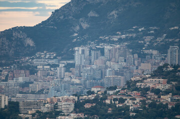 Obraz premium Early morning view on French Riviera, colorful Menton old city and marina on blue Mediterranean Sea near French-Italian border, Monaco, Monte-Carlo, travel destination, panoramic view