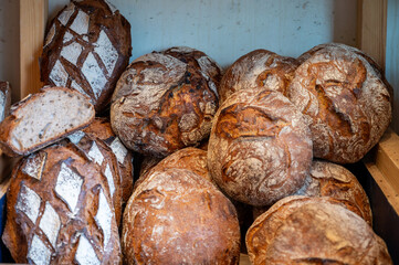 French artisan bakery in Bordeaux, rye and wheat bread and baguettes, France, french food