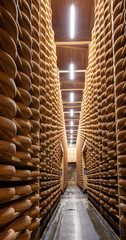 Obraz premium Aging rooms with shelves in cheese caves, central location for aging of wheels, rounds of Comte cheese from four months to several years made from raw cow milk, Jura, France