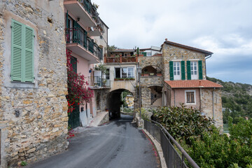 Colourful view on Italian Riviera and blue Mediterranean Sea from French-Italian border in Grimaldi village, Ventimiglia near San-Remo, travel destination, panoramic view