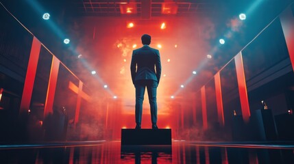 A confident business leader standing on the winner's podium, receiving a gold medal from a judge, with a backdrop of banners and professional lighting, representing achievement and recognition..