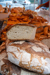 Freshly baked big sourdough traditional italian bread on olive wood fired oven