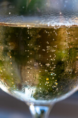 Bubbles in glass of french sparkling champagne wine golden bubbles close up