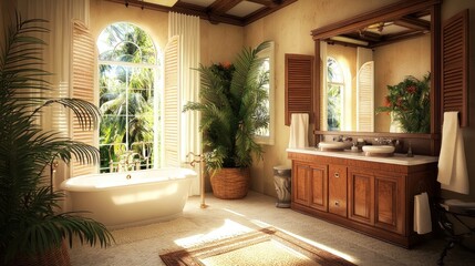 Luxurious bathroom with white tub, wooden cabinets, and tropical plants, featuring a large window with shutters and a mirror reflecting a tropical view.