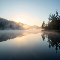 Fototapeta premium A serene lakeside scene at dawn, with soft mist rising from the water and a tranquil atmosphere that captures the peaceful, early morning ambiance of the natural landscape.