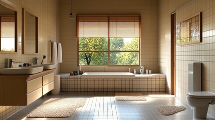 Modern bathroom with a window, bathtub, sink, and toilet.