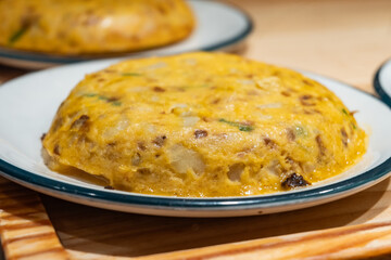 Spanish eggs potato onion tortilla, tasty snack, pinchos or lunch