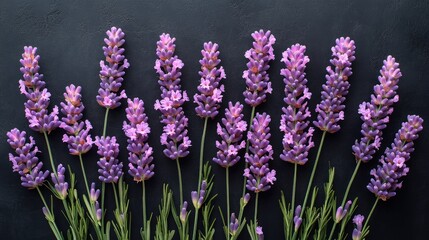 Naklejka premium Charming small lavender flowers with pale green stems on a black background, forming a calming and serene floral pattern ideal for spa products or peaceful interiors