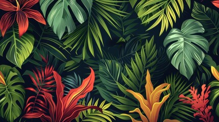 Lush green and colorful tropical leaves fill the landscape in a vibrant forest setting