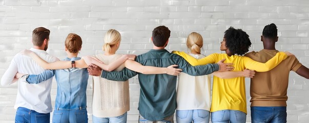 Diverse group of friends standing back to back with arms around each other
