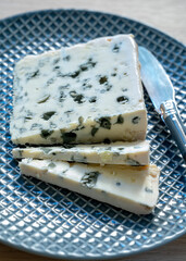 Piece of French blue cheese Roquefort, made from sheep milk in caves of Roquefort-sur-Soulzon
