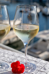 Glasses of cold white Cote de Provence wine in yacht harbour of Port Grimaud, summer vacation on French Riviera in Provence, France, wine tasting