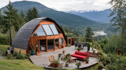 A wooden cabin with a large deck overlooking a lake and mountains in a forest setting.