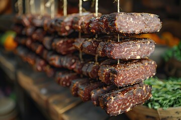 Close-up of Dried Meat Hanging in Market Stall