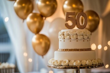 Elegant 50th birthday cake adorned with gold topper and blue decorations at a festive celebration