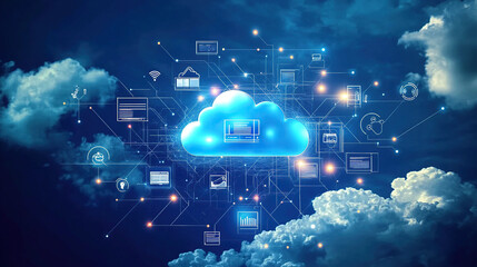 A cloud with various digital icons floating above it