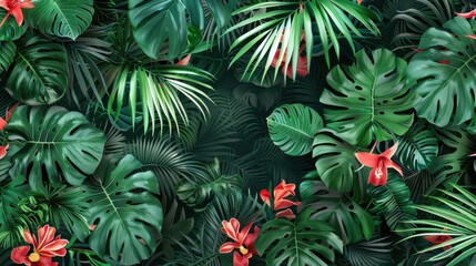 A dense arrangement of green leaves and bright flowers creates a vibrant and tranquil atmosphere in the garden