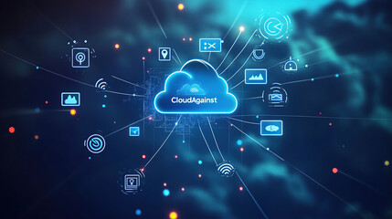 A cloud with various digital icons floating above it