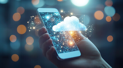 hand holding smartphone with cloud of digital connections and data