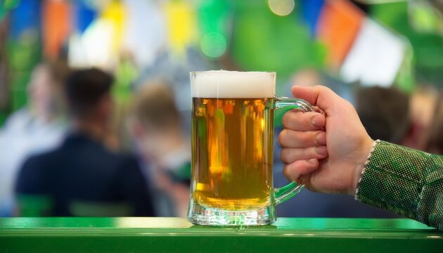 un vaso de vidrio con cerveza, sobre la barra de un bar, festividad san patricio
