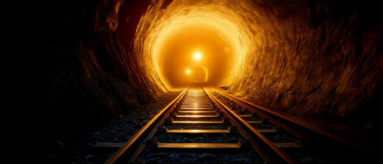 Mysterious railway tunnel leading into a glowing orange light, creating an intriguing atmosphere and sense of adventure.