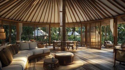 Fototapeta premium A modern, open-air lounge area with a wood and bamboo ceiling, comfortable seating, and a view of a lush tropical jungle.