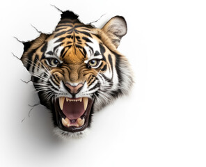 intense tiger face breaking through a white barrier