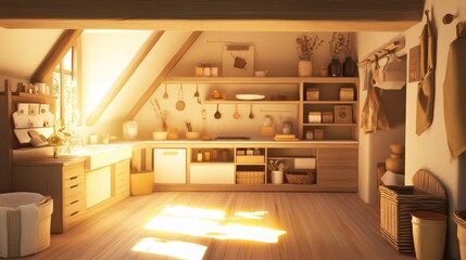 Fototapeta premium Rustic kitchen with wooden cabinets, shelves, and a window overlooking a sunny sky.