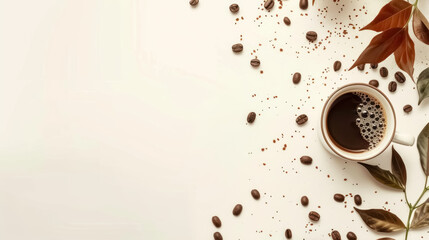artistic coffee cup setup with scattered beans and fresh leaves