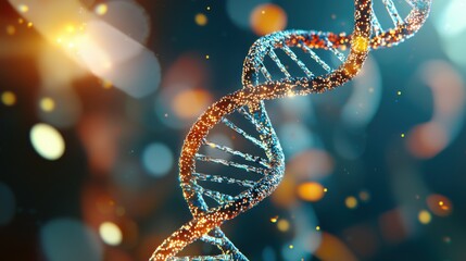 Close-up of a helix structure resembling a DNA strand, with a focus on the intricate twists and turns of the double helix. The background is softly blurred, highlighting the detailed molecular