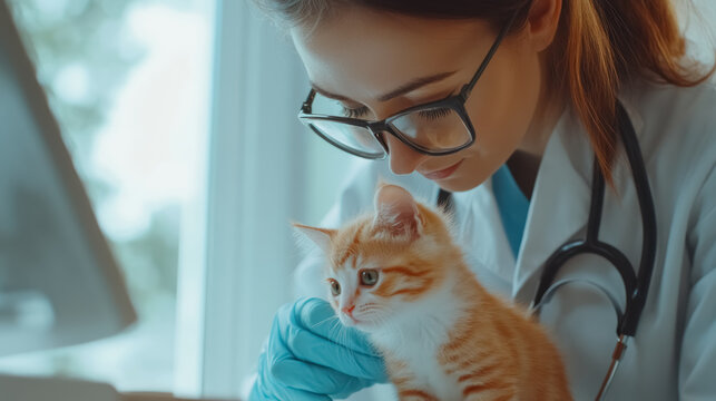 veterinarian in glasses examining a ginger kitten gently - Powered by Adobe