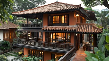 Obraz premium Traditional Asian house with a red tile roof, wooden beams, and a balcony. The house is surrounded by lush greenery and a small courtyard.