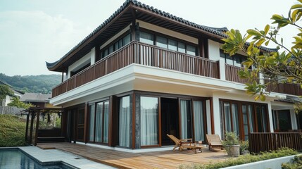 Fototapeta premium A modern Asian-style house with a pool and a balcony.