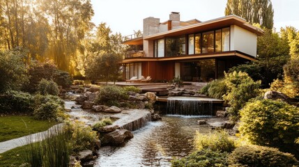 Obraz premium A modern house with a cascading waterfall and lush greenery in the backyard.