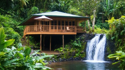 Wooden house with a balcony overlooking a waterfall in a lush green forest.
