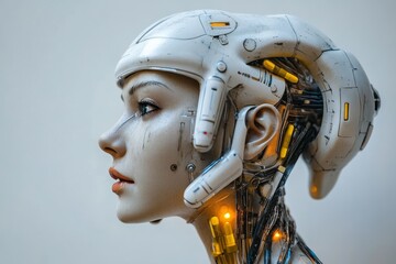 Fototapeta premium Female robot with intricate facial features and glowing orange eyes embodying AI sophistication