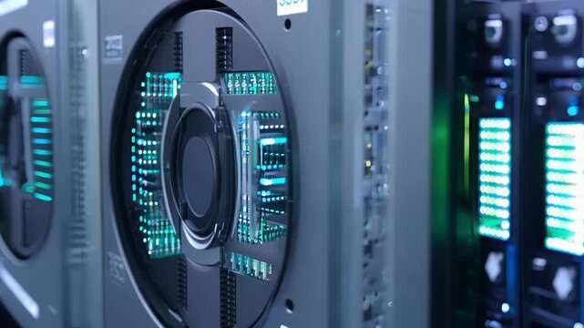 A detailed look at high-performance computing systems in a modern data center, showcasing the intricate hardware and cooling solutions at work.