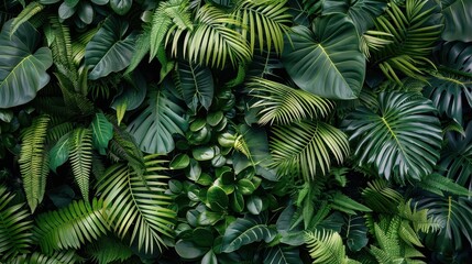 A dense arrangement of various green leaves fills the space, showcasing different textures and shades