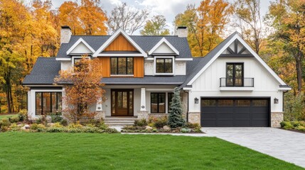 Modern white farmhouse with black garage door and fall foliage.