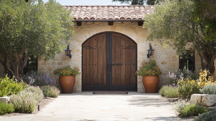 Naklejka premium Stone house with double wooden doors, stone pathway, and landscaping.